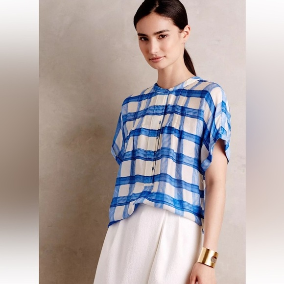 Maeve Anthropologie silk Blue White Plaid Tierra Buttondown , sz : XS - Picture 1 of 11